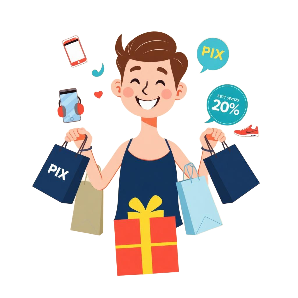Comprador feliz com sacolas, presentes e ofertas com PIX e descontos